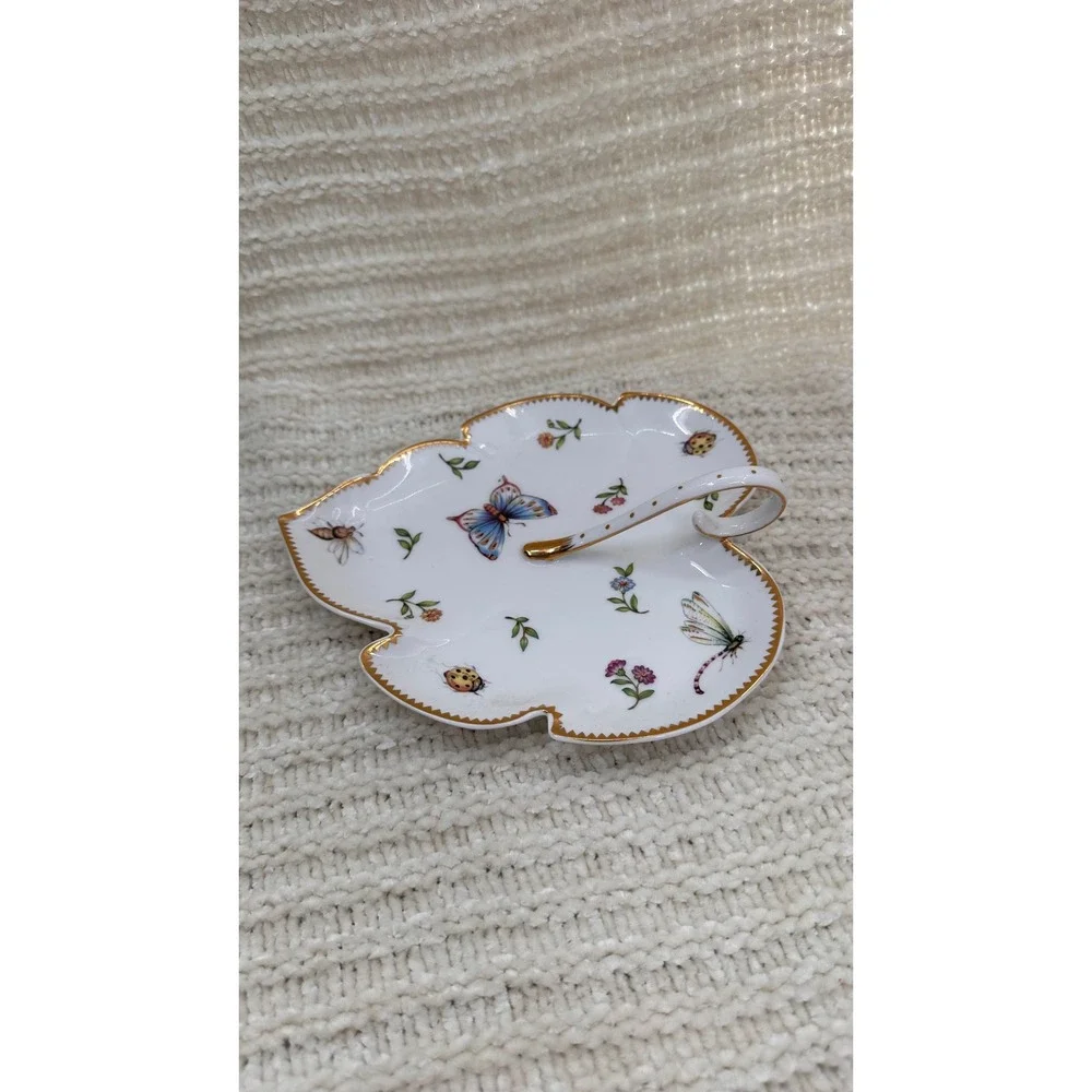 I Godinger & Co Leaf Dish Butterfly Porcelain Trinket‎ Dish Candy Tray Gold Trim